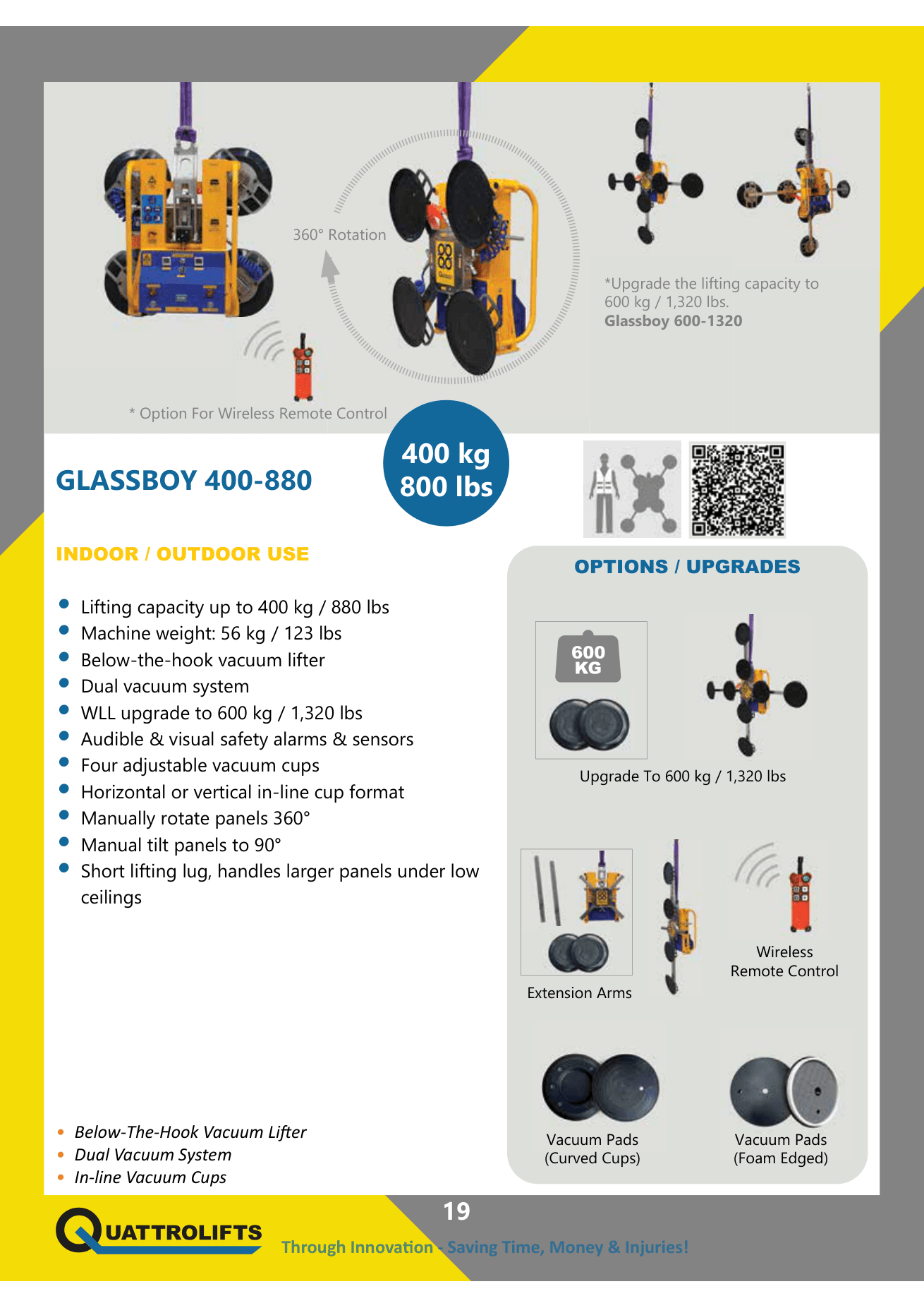 Glassboy 600 spec sheet — capacities, options and vacuum pad upgrades